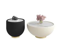 Qiydia Bowl-shape Coffee Table Set of 2, Modern Sintered Stone Top Cocktail Center Table and End Table, Fluted Pu Leather Covered & Metal Base, Round Side Table for Living Room(A Set, Black)