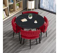 Qiydia Luxury Sintered Stone Dining Table Set with 4 Velvet Chairs, Modern Round/Square Kitchen Table & Chair Set With Sturdy Metal Legs for Dining/Living Room Small Spaces(90cm/35, Red)