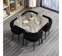 Qiydia Luxury Sintered Stone Dining Table Set with 4 Velvet Chairs, Modern Round/Square Kitchen Table & Chair Set With Sturdy Metal Legs for Dining/Living Room Small Spaces(90cm/35, Black)