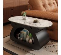 Qiydia Oval Sintered Stone Coffee Table, Modern 2-tier Center Table with 360° Swivel Metal Base, Mobile Cocktail Tea Table for Living Room(120x60x45cm(47x24x18), Black)