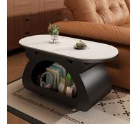 Qiydia Oval Sintered Stone Coffee Table, Modern 2-tier Center Table with 360° Swivel Metal Base, Mobile Cocktail Tea Table for Living Room(90x45x45cm(35x18x18), Black B)