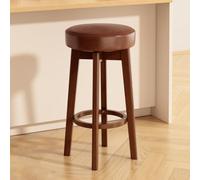 Qiydia Swivel Bar Stool with Solid Wood Legs, Counter Height Backless Stool Upholstered Round Barstool with Footrest, Modern Home Bar Island Stool for Kitchen Dining Area(29.5", Brown + Walnut)