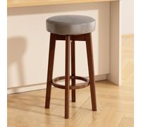Qiydia Swivel Bar Stool with Solid Wood Legs, Counter Height Backless Stool Upholstered Round Barstool with Footrest, Modern Home Bar Island Stool for Kitchen Dining Area(29.5", Gray + Walnut)