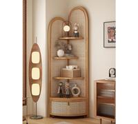 Qiydia Vintage Pe Rattan & Bamboo Corner Shelf, 4-tier Floor Standing Bookcase Space-saving Display Rack with Movable Storage Basket for Living Room, Bedroom, Study, Natural