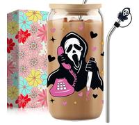 qiyeyeye 16oz Halloween Ghost Glass Cups with Lids and Straws, Cute Scream Skull Themed Pattern. Iced Coffee Tumblers,Halloween Box for Adults & Teens Gifts, Include 1 Silicone Straw Covers