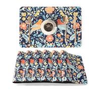 QIYI Faux Leather Placemats, Set of 6, Waterproof Oil-Proof Heat-Resistant PU Table Mats for Kitchen, Dining, Indoor & Outdoor Use, 45×30cm, Vintage Folk Art Birds and Floral Pattern
