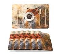 QIYI Faux Leather Placemats, Set of 6, Waterproof Oil-Proof Heat-Resistant PU Table Mats for Kitchen, Dining, Indoor & Outdoor Use, 45×30cm, Artistic Fox Portrait with Vintage Floral Background