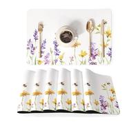 QIYI Leather Placemats, Set of 6, Waterproof Oil-Proof Heat-Resistant Table Mats for Kitchen, Dining, Indoor & Outdoor Use, 45×30cm, Wildflower Meadow with Bees Watercolor