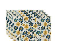 QIYI Linen-like Fabric Floral Placemats, Heat-Resistant Durable Boho Vintage Table Mats for Kitchen Table Decoration Indoor Outdoor, Washable Watercolor Botanical Place Mats Set of 4, 45x30cm