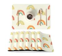 QIYI Pastel Rainbow Faux Leather Placemats, Set of 6, Waterproof Oil-Proof Heat-Resistant PU Table Mats for Kitchen, Dining, Indoor & Outdoor Use, 45×30cm, Whimsical Hand-Painted