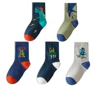 QIYIENDIAN 5 Pairs Cozy Warm Crew Socks Cute Cartoon/Solid Colors for 1-10 Years Toddler Kids Boys Girls(3-5 Years,1A-Cool Dinosaurs)