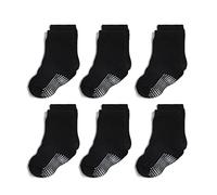 QIYIENDIAN 6 Pairs Non Slip Cozy Warm Crew Socks with Grips for Baby Infant Toddler Kids Boys Girls（3-5 Years，2-C Black）