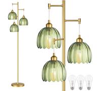 QIYIZM Gold Floor Lamp for Living Room,Bedroom,Mid Century Modern Standing Lamp Brass Tree 3 Light Tall Floor Lamps Vintage Retro Floor Lights Glass Green Flower Lamp Shade Farmhouse Boho Bohemian