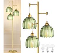 QIYIZM Gold Floor Lamp for Living Room,Bedroom,Mid Century Modern Standing Lamp Brass Tree 3 Light Tall Floor Lamps Vintage Retro Floor Lights Glass Green Flower Lamp Shade Farmhouse Boho Bohemian