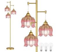 QIYIZM Pink Floor Lamp for Living Room, Bedroom, Gold Mid-Century Modern Standing Lamp Brass Tree 3 Light Tall Floor Lamps Vintage Retro Floor Lamps Glass Flower Lampshade Girls Kids Boho Bohemian