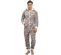 QIYUANT Christmas Mens Hooded Onesie Adult Jumpsuit Warm Fluffy Soft Flannel Soft One Piece All in One Pajamas Zipped Overall Winter Nightwear Sleepsuits Loungewear Gray Santa Claus L