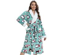 QIYUANT Dressing Gowns for Women Soft Fleece Fluffy Bath Robes Winter Warm Cozy Women's Bathrobe Loungewear Shawl Collar Loungewear Nightwear Homewear (Women's Green Penguin, L)