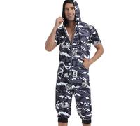 QIYUANT Mens Casual Short Jumpsuits One-Piece Summer Full-Zip Bodysuits Romper Short Sleeve Overalls with Pocket Fitness Sportswear Nightwear Sleepsuits (Black Camouflage, Tiger M)