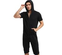 QIYUANT Mens Casual Short Jumpsuits One-Piece Summer Full-Zip Bodysuits Romper Short Sleeve Overalls with Pocket Fitness Sportswear Nightwear Sleepsuits Loungewear Playsuit (Black L)