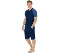 QIYUANT Mens Casual Short Jumpsuits One-Piece Summer Full-Zip Bodysuits Romper Short Sleeve Overalls with Pocket Fitness Sportswear Nightwear Sleepsuits Loungewear Playsuit (Dark Blue, Light Blue L)