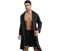 QIYUANT Men's Lightweight Satin Bathrobe with Shorts Shaped Collar Long Sleeve Kimono Robe with Pockets Imitation Silk Spa Robes Cozy Sleepwear (Black, XL)