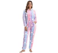 QIYUANT Womens Hooded Christmas Onesie Pajamas Casual Flannel Jumpsuit Zipped Adult One Piece Spring Winter Autumn Comfortable Warm Sleepsuits Loungewear Nightwear (Pink Sun Moon Star, XL)