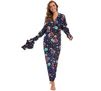 QIYUANT Womens Hooded Footed Onesie Adult Jumpsuit Warm Flannel One Piece All in One Pajamas Zipped Overall Autumn Winter Halloween Christmas Nightwear Loungewear Sleepsuits (Starry Sky, XL)