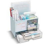 QIYVLOS Desk Organizer with 3 Drawer, Multi-Functional Pencil Pen Holder for Desk, Desk Organizers and Storage with 5 Compartments, Desktop Organizer for Office Home Art Supplies (Blue)