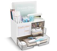 QIYVLOS Pen Organizer with 3 Drawer, Multi-Functional Pencil Holder for Desk, Desk Organizers and Accessories with 5 Compartments + Drawer for Office Art Supplies (White)