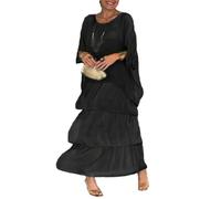 Qizaitz Artistic Style Loose Dress, Casual Flutter Round Neck Solid Color Layered A-Line Long Dresses for Women (Black,XXL)