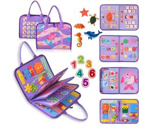 Qizfun Mermaid Busy Board & Busy Book for Toddlers - Keeps Toddlers Busy & Learning, Sensory Travel Toy for Airplane & Car, Screen-Free Montessori Gift for Toddler Boys & Girls