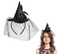QIZHIQIAMY Halloween Witch Headband Black Witch Hat with Feathers and Veil for Women Halloween Costumes Accessories