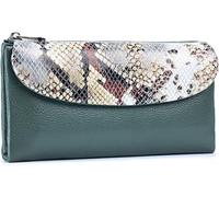 QIZLDBGF Women's Genuine Leather Big Three Fold Wallet - Designer Serpentine Wallet, RFID Shielded Credit Card Clip, Can Hold 10 or More Cards and Smartphones (6.1 inches) - Dark Green