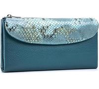 QIZLDBGF Women's Genuine Leather Big Three Fold Wallet - Designer Serpentine Wallet, RFID Shielded Credit Card Clip, Can Hold 10 or More Cards and Smartphones (6.1 inches) - Blue