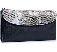 QIZLDBGF Women's Genuine Leather Big Three Fold Wallet - Designer Serpentine Wallet, RFID Shielded Credit Card Clip, Can Hold 10 or More Cards and Smartphones (6.1 inches) - Black