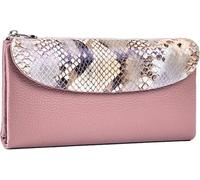 QIZLDBGF Women's Genuine Leather Big Three Fold Wallet - Designer Serpentine Wallet, RFID Shielded Credit Card Clip, Can Hold 10 or More Cards and Smartphones (6.1 inches) - Pink