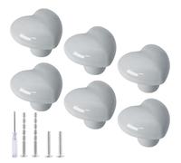 Qjaiune 6pcs Ceramic Cabinet Knobs - Light Grey Heart Shaped Drawer Knobs, Cute Kitchen Cabinet Pull Handles for Kids Girls Bedroom