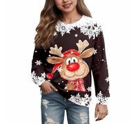 QJDFLL 2025 Christmas Girls Pullover Sweatshirt with Deer Print Long Sleeve Hooded Casual Top for Everyday Wear(b-Brown,7-8 Years)