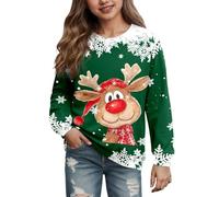 QJDFLL 2025 Christmas Girls Pullover Sweatshirt with Deer Print Long Sleeve Hooded Casual Top for Everyday Wear(b-Green,5-6 Years)
