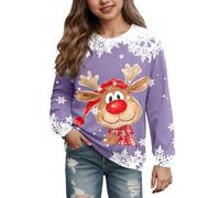 QJDFLL 2025 Christmas Girls Pullover Sweatshirt with Deer Print Long Sleeve Hooded Casual Top for Everyday Wear(b-Purple,7-8 Years)