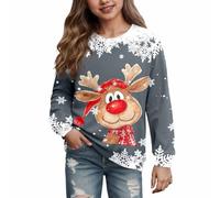 QJDFLL 2025 Christmas Girls Pullover Sweatshirt with Deer Print Long Sleeve Hooded Casual Top for Everyday Wear(b-Grey,9-10 Years)
