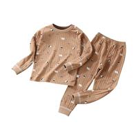 QJDFLL Children s Long Sleeve Warm Home Wear Boys And Girls Pure Set Baby Double Layer Pajamas(Coffee,3-4 Years)