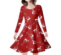 QJDFLL Christmas eve Box Kids Toddler Girls Christmas Trees Deer Print Long Sleeve Party Dress(Red,8 Years)