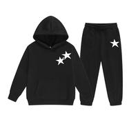 QJDFLL Girls Outfits Set Winter Fleece Hoodie and Joggers Comfy Casual Kids Clothes with Stylish Print for Toddler to Teen(Black,4-5 Years)