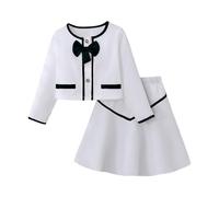 QJDFLL Girls Small Fragrance Suit and White Bow Round Neck Coat Skirt Two Piece Children s Set(White,5-6Y)
