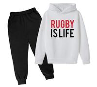 QJDFLL Hooded Football Letter Printed Hoodie Pants Children s Casual Two Piece Trend Fans Sports Rugby Player(White,9-10 Years)