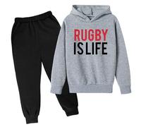 QJDFLL Hooded Football Letter Printed Hoodie Pants Children s Casual Two Piece Trend Fans Sports Rugby Player(Grey,7-8 Years)