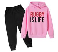 QJDFLL Hooded Football Letter Printed Hoodie Pants Children s Casual Two Piece Trend Fans Sports Rugby Player(Pink,5-6 Years)