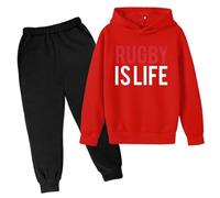 QJDFLL Hooded Football Letter Printed Hoodie Pants Children s Casual Two Piece Trend Fans Sports Rugby Player(Red,11-12 Years)