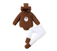 QJDFLL Infant Boys Girls Cosplay Bear Animal Costume Fleece Hooded Romper Bodysuits Pants Outfits(Brown,3-6 Months)